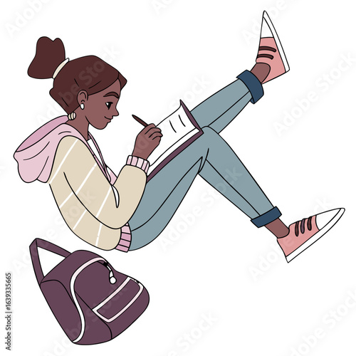 Young woman artist drawing on tablet with stylus and backpack nearby