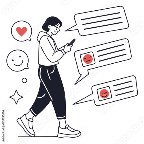 Young woman walking and texting on her smartphone with chat bubbles and emojis