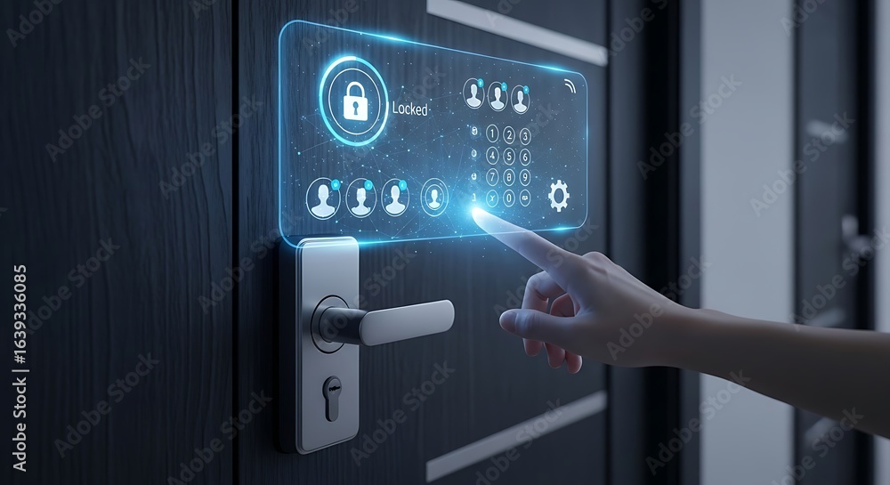 Fototapeta premium Person using futuristic digital smart lock interface on a modern door