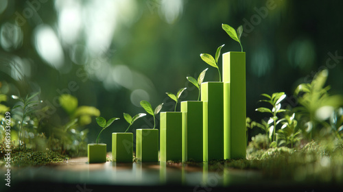 Close-up of hand touching rising 3D bar chart symbolizing business growth, data analysis, and financial success in a bright modern office