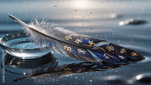 Sparkling feather resting on water with mysterious symbols at dawn