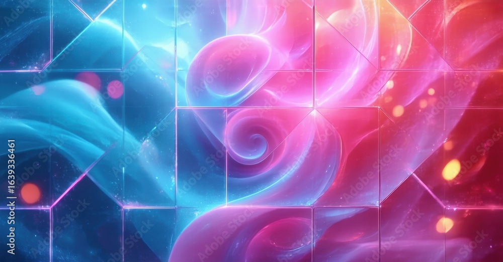 Fototapeta premium Abstract vibrant swirls, blue, pink hues. Grid pattern creates dynamic visual effect. Light glows, energy flows.