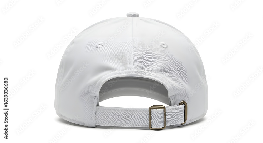Fototapeta premium Back view of a plain white baseball cap with an adjustable strap on a white background. Isolated background hat, baseball cap, baseball hat, hat, Front, back and angle view of adult man caps mockup.