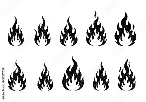 Set of ten stylized black flame icons isolated on a white background, representing fire and energy in various forms