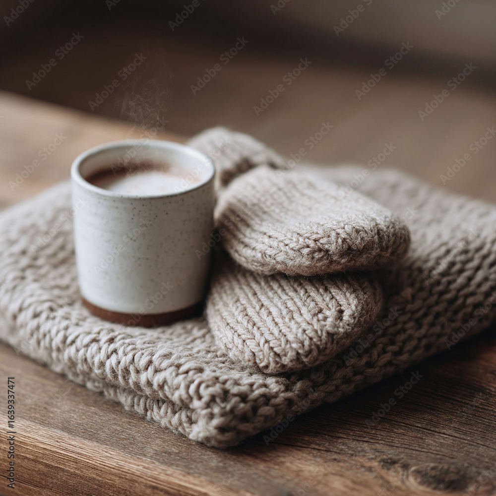 Cozy still life of a steaming drink and knitted mittens on wood. Warm, inviting, perfect for winter themes, relaxation, hygge concepts, or lifestyle content. Cozy still life of a steaming drink and knitted mittens on wood. Warm, inviting, perfect for winter themes, relaxation, hygge concepts, or lifestyle content.