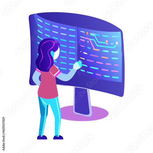 A woman is interacting with a large computer screen isolated on white background