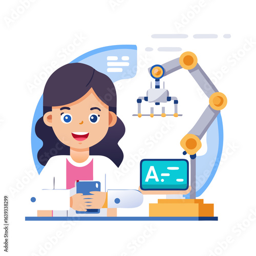 A woman is working with a robot arm in a lab isolated on white background