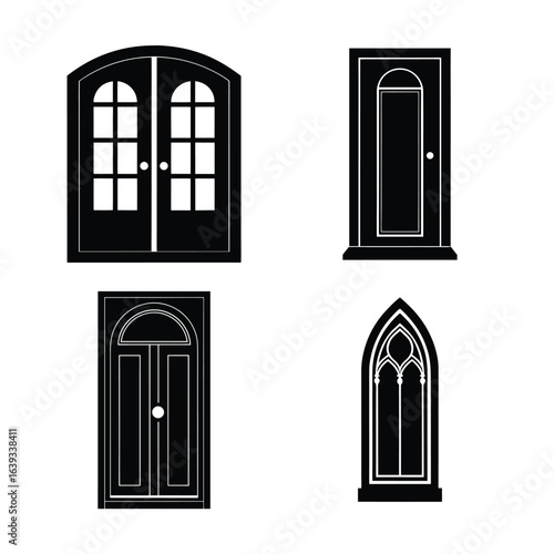 door silhouette design icons for interior exterior home entrance access and architecture vector silhouette on white background