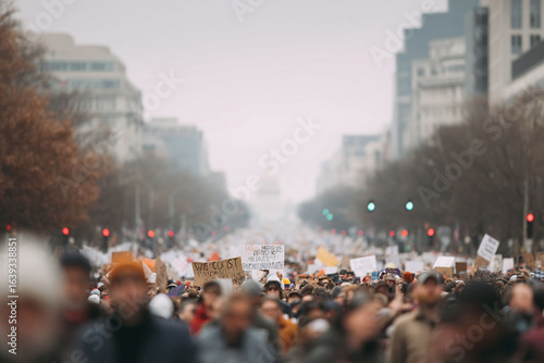 A vast crowd marches towards a government building, holding signs in protest. Demonstrates activism, social change, and collective action. Great for news or political content.
