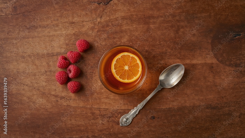 Fototapeta premium A Glass Containing Orange Tea Placed on Wood, Surrounded by Raspberries and a Spoon