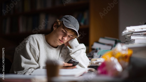 A young adult studies late, using a phone amidst a pile of books. Concept of education, procrastination, technology distraction. Suitable for articles, blogs.