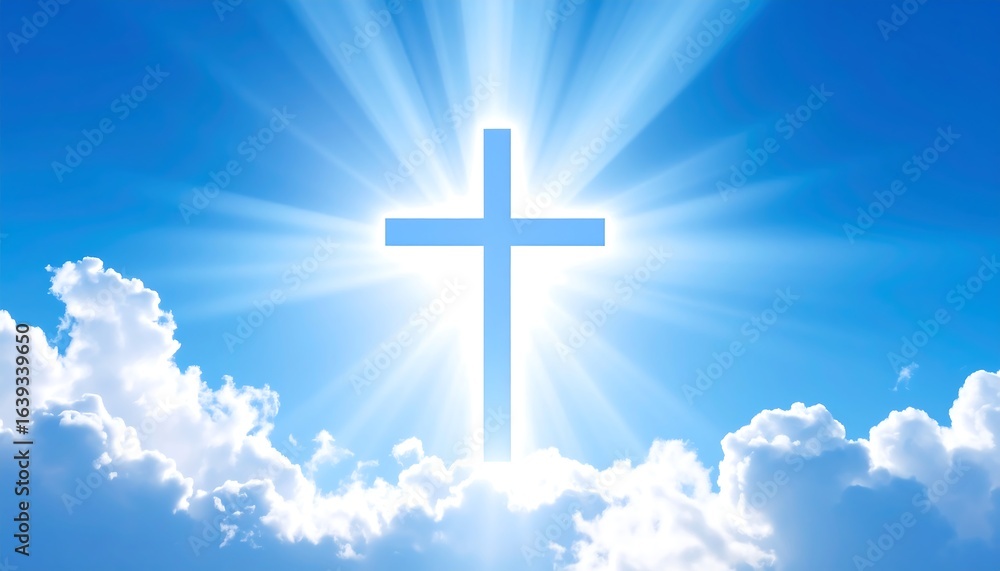 Christian Cross in the Sky with Divine Light Rays and Clouds, Religious Symbol of Hope and Faith Christian Cross in the Sky with Divine Light Rays and Clouds, Religious Symbol of Hope and Faith