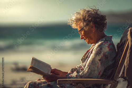 Relaxed elderly woman reading with sea breeze and soft light
