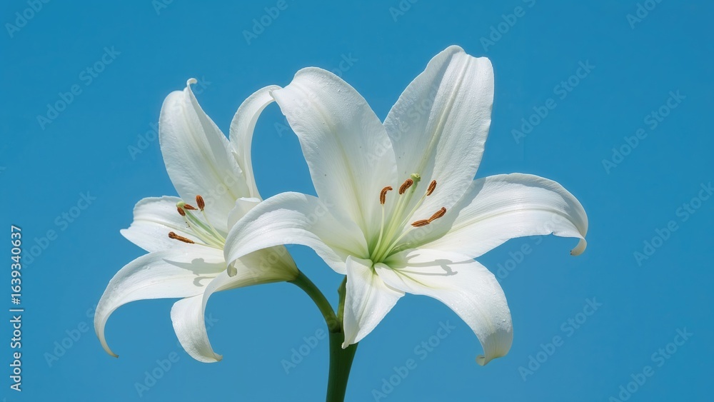 Fototapeta premium Stunning Lilium Candidum blossoms set on a calming blue background