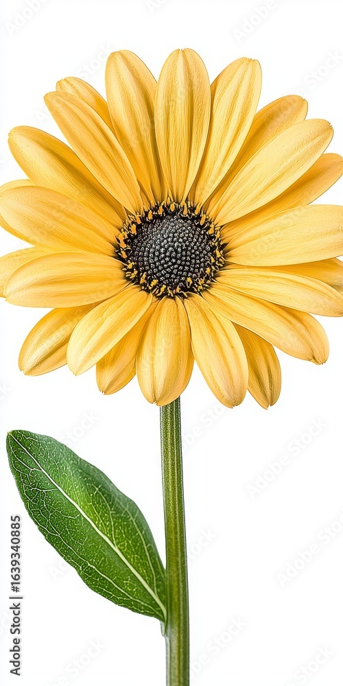 Obraz premium Bright Yellow Daisy Flower with Green Stem and Leaf on White Background, Generative AI