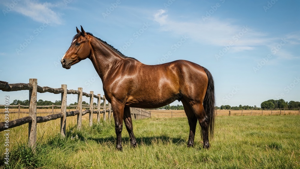 Obraz premium Equine Posed by Rustic Wooden Fence in a Pasture Setting. High Resolution Image