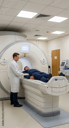 Medical Professional Preparing Patient for MRI Scan in Hospital Setting