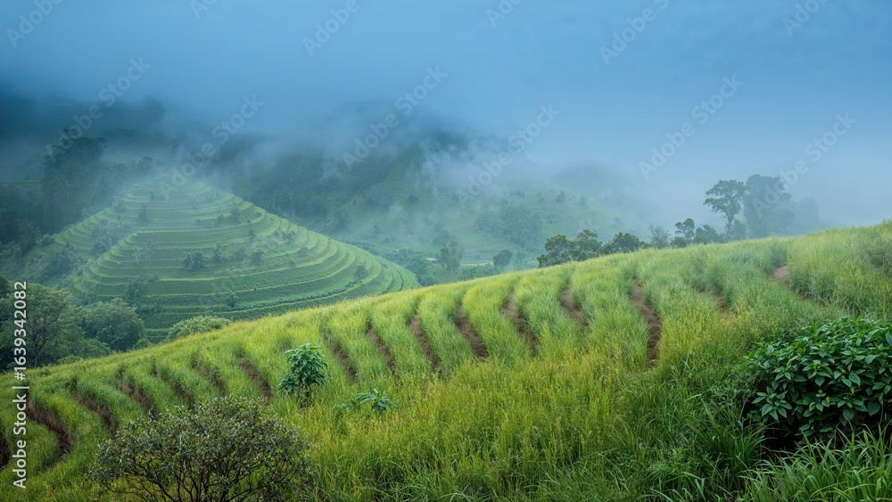 Naklejka premium Stunning Layered Farmlands Wrapped in Fog