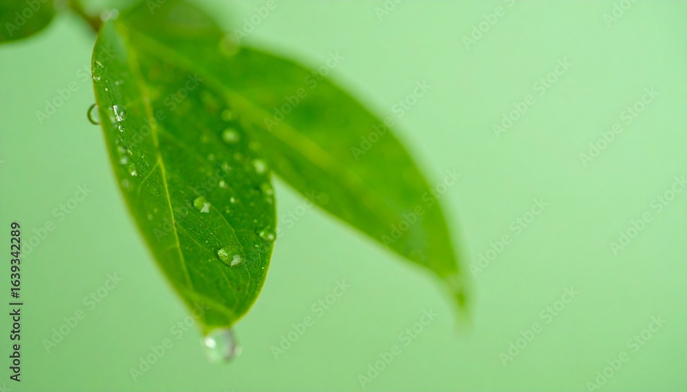 Fototapeta premium Macro shot of green leaves with water droplets against a green background