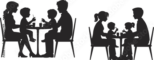 Family eating together, parents and children, dining at table, family meal time, bonding moment, silhouette illustration, black white image.