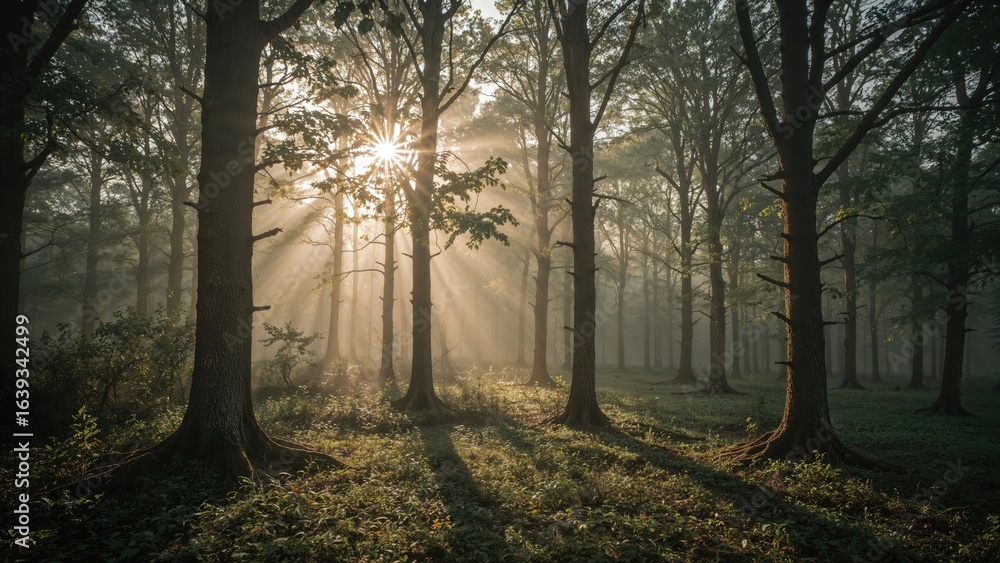 Obraz premium Magnificent sunrise light filtering through forest foliage