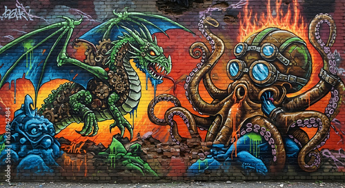 Wallpaper Mural Colorful graffiti mural of a dragon and an octopus. Torontodigital.ca