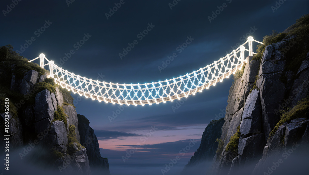 Fototapeta premium Illuminated bridge connects cliffs under twilight sky