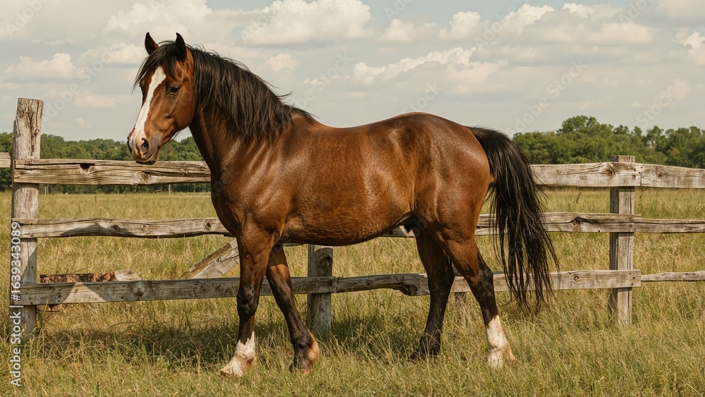 Fototapeta premium Gorgeous brown equine standing near a wooden barrier