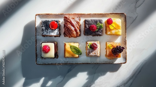 Dessert platter styling featuring premium petit fours arranged on speckled ceramic platter with natural lighting and geometric composition showing gourmet pastries with vibrant garnishes