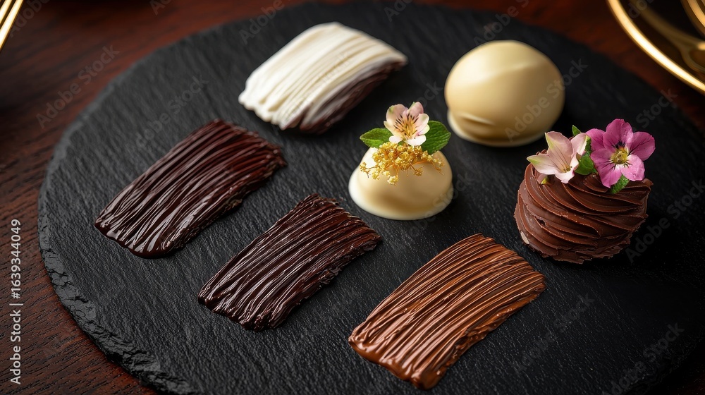 Fototapeta premium Premium chocolate dessert platter featuring chocolate brush technique strokes alongside gourmet truffles and petit fours on dark slate plate