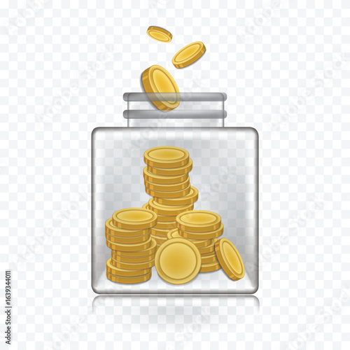 Glass Jar Full of Gold Coins isolated on transparent background.