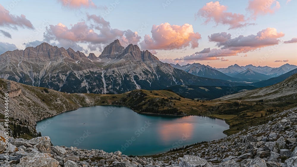 Fototapeta premium Scenic mountain park showcasing three lakes, dramatic peaks, dynamic skies, and vivid sunset to daylight hues.
