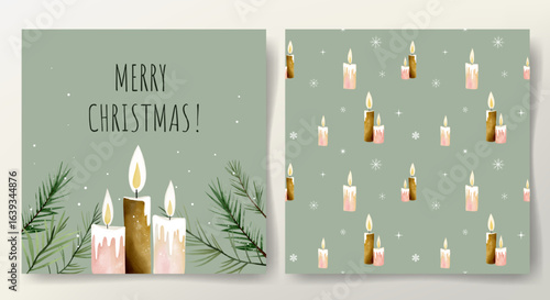 Minimalist merry christmas card with candles, branches, snowflakes and seamless pattern. Holiday design, golden elements