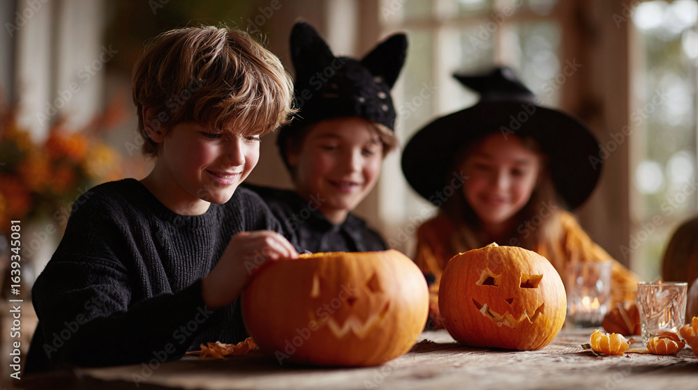 Fototapeta premium Kids in costumes carving pumpkins. Halloween fun, family tradition. Symbol of childhood joy and seasonal celebration. Use for holiday, lifestyle content.