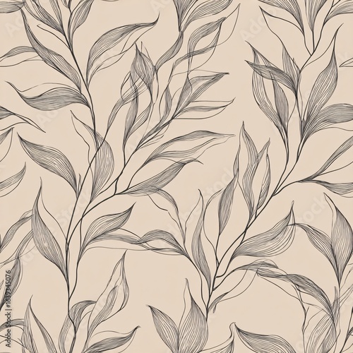 A detailed pattern of black leaves on a soft beige background, creating a stylish and natural aesthetic ideal for textiles or wallpapers.