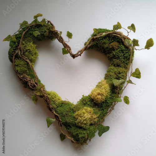 Heart-shaped moss and ivy wreath on white background, nature craft