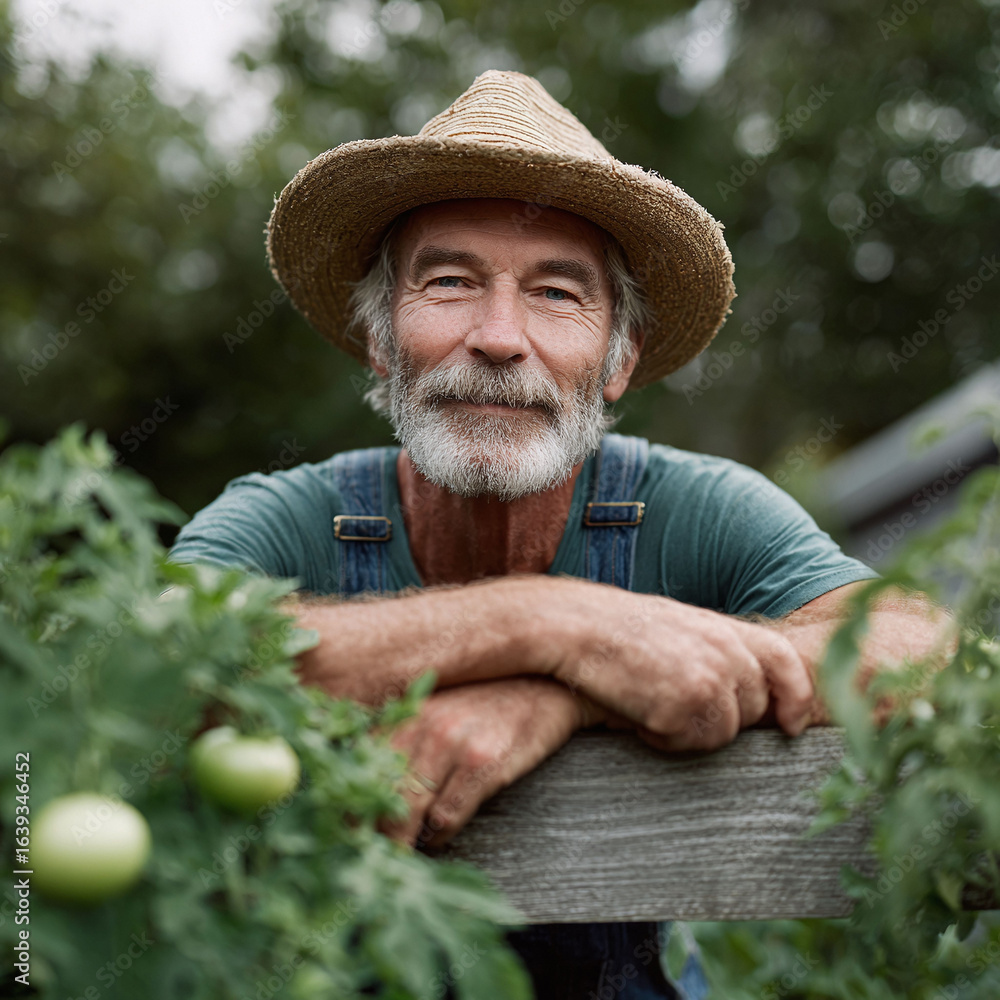 Fototapeta premium A friendly, senior farmer with a straw hat, stands proudly in his garden, near green tomato plants. Symbolizes healthy living, rural life and nature. Ideal for agriculture, farming, and wellness.
