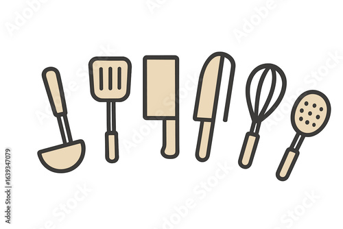 Various cooking utensils displayed in a straight line on a neutral background
