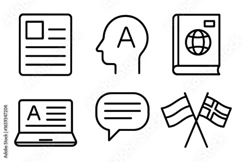 Educational icons representing language learning, communication, and cultural knowledge in a minimalist design style
