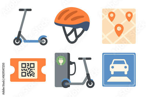 Electric scooters and safety gear displayed with maps and tickets for urban mobility in a modern city