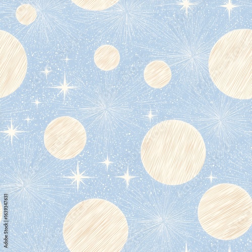 A whimsical pattern featuring various circles and star-like shapes on a light blue background, evoking a dreamy, cosmic atmosphere.