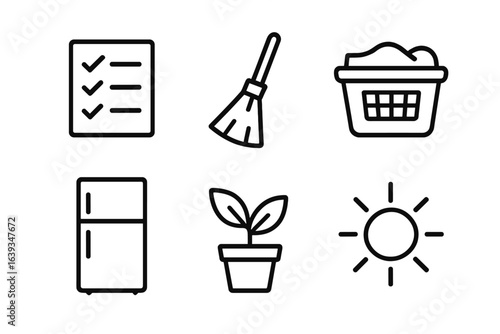Household chores checklist includes cleaning, laundry, and plant care at home during the day