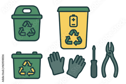 Recycling bins and tools for waste management in an eco-friendly initiative