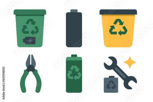 Recycling icons showcasing different materials and tools for eco-friendly waste management in a clean and modern design