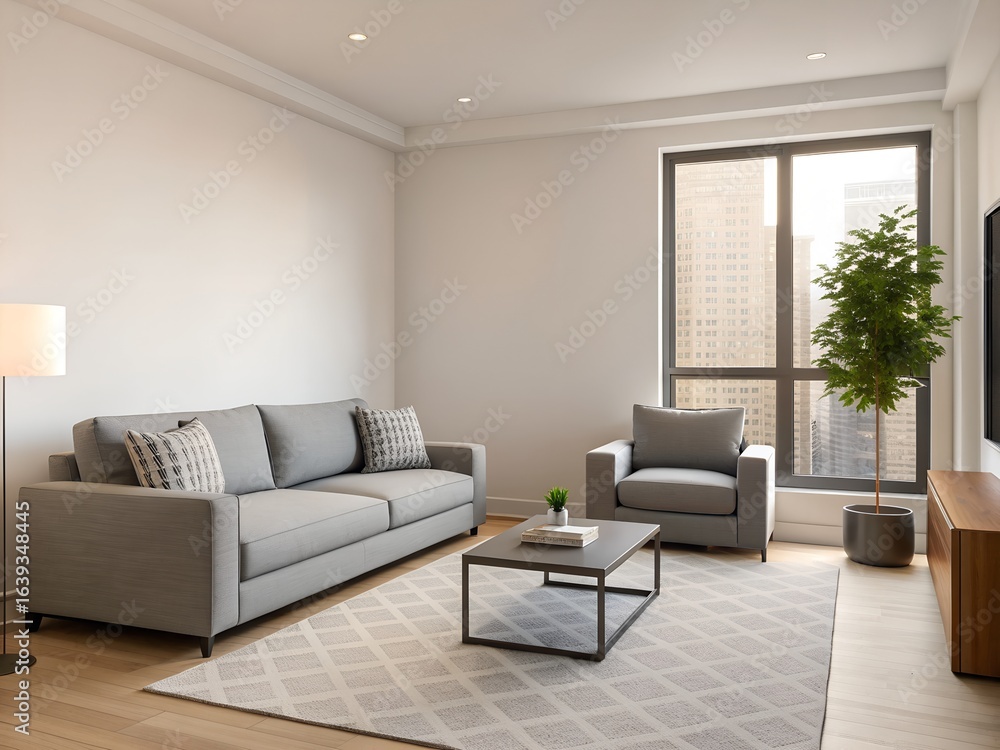 Fototapeta premium Modern Apartment Living Room with Grey Sofa and City View