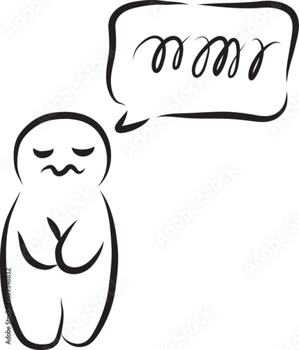 Sad funny man standing with mouth twisted with speech bubble with scribbles of discontent sadness and pain and holding stomach, hand drawn with a black brush with curved contours