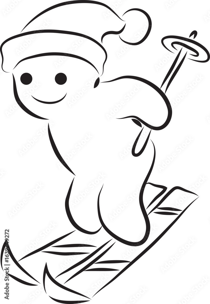 Fototapeta premium Funny smiling man in a hat skiing, hand drawn with a black brush with curved contours