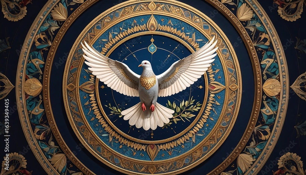 Obraz premium Sacred white dove of peace on an ornate blue and gold medallion