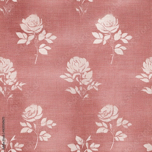 A textured fabric featuring a delicate floral pattern in white roses against a warm, muted background.