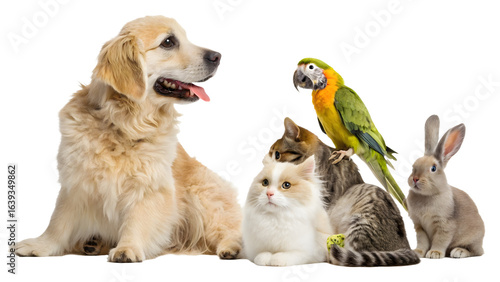 Cute group of pets isolated on white background, domestic animals.
